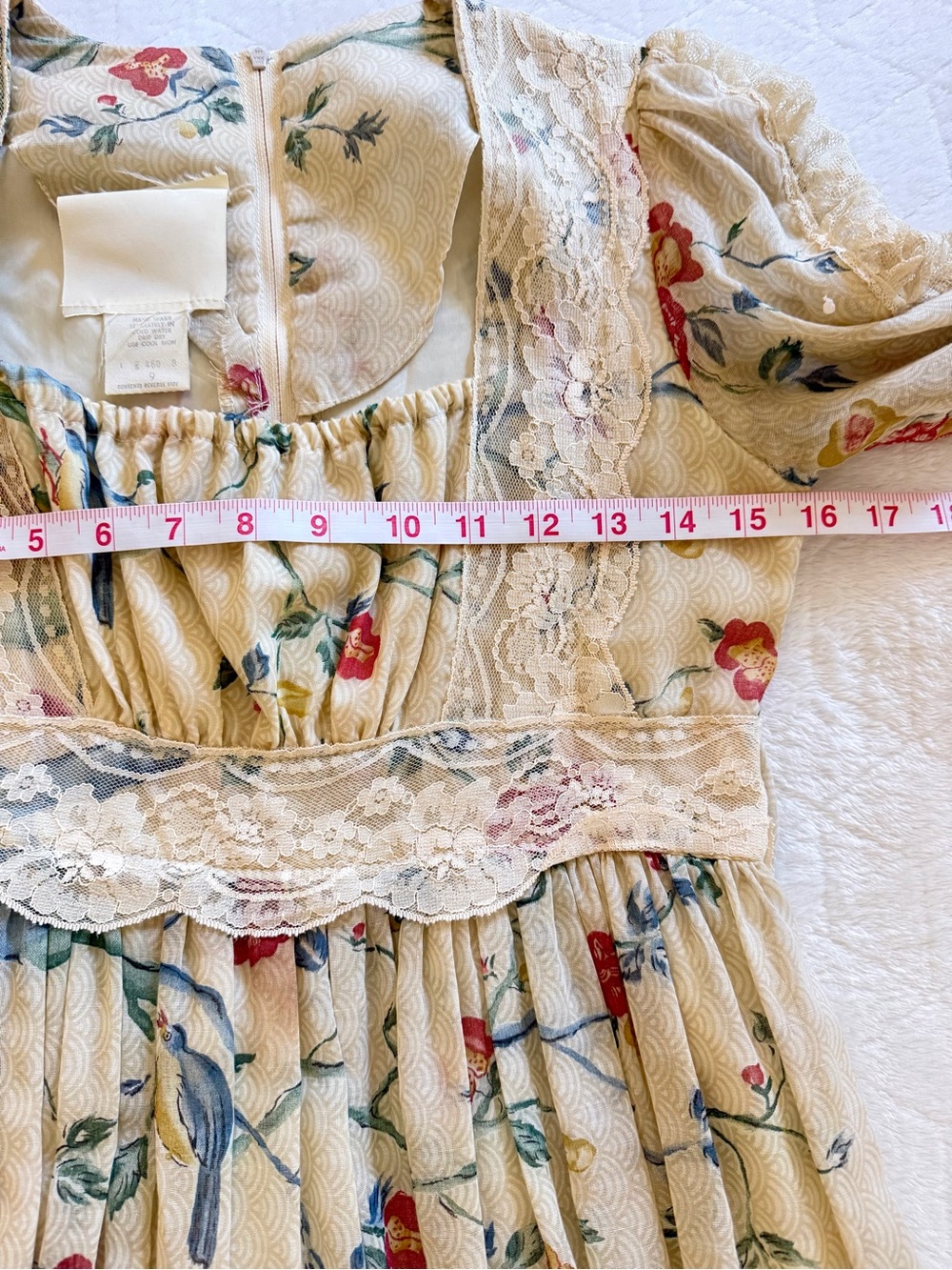 Gunne Sax Vintage 1970’s Ivory Floral Bird Print Maxi Prairie Dress Size 9 - Picture 12 of 16